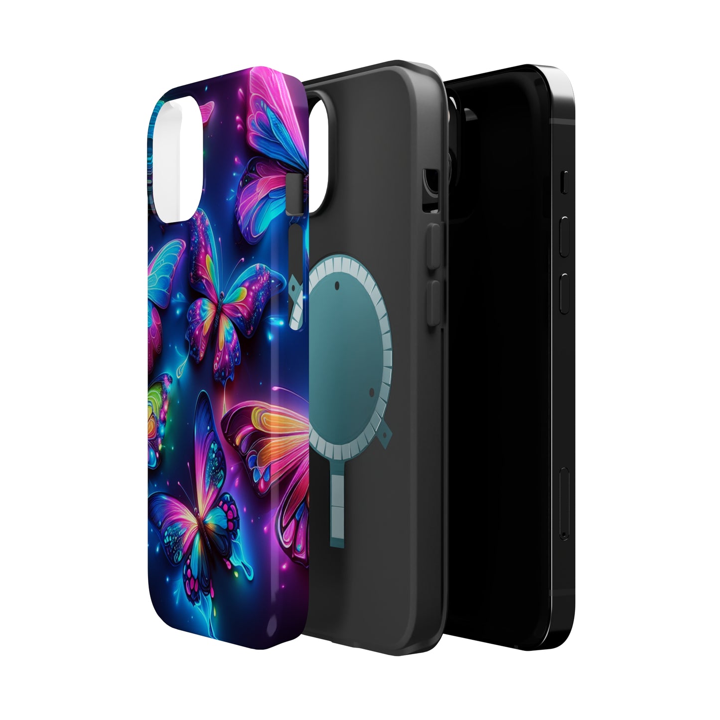 "Neon Butterfly Muster" Neon Butterflies Premium Art Magsafe Magnet Tough IPhone 13 14 15 Pro Plus Max and Mini in Matte and Glossy Phone cases