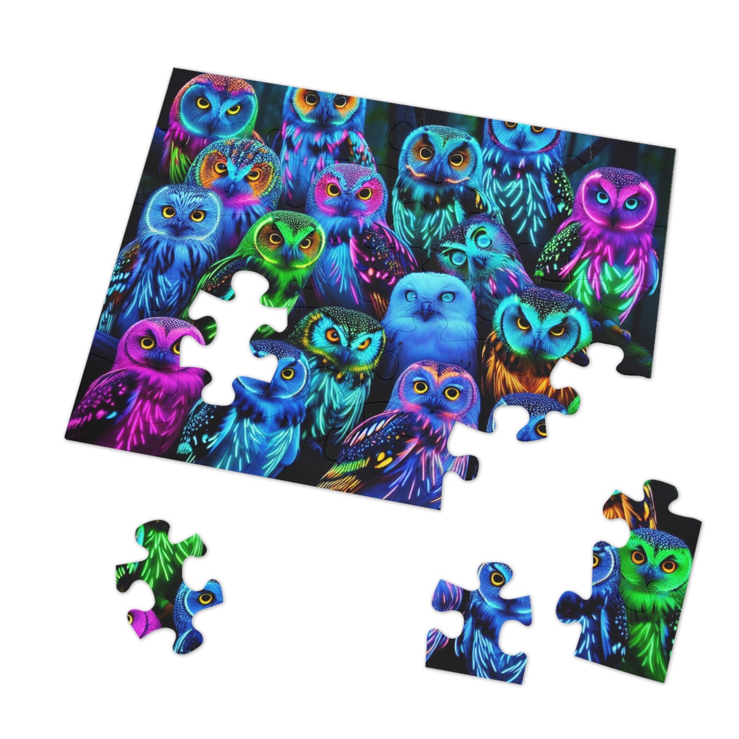 NeonOwlGather. - Neon Owls Puzzle 30, 110, 252, and 1000 Pieces
