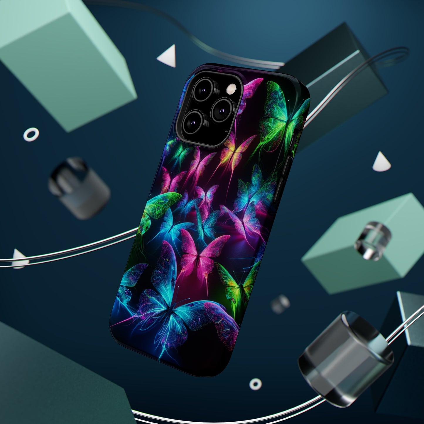 'Euphoria in Neon Flight' Neon Butterflies Premium Art Magsafe Magnet Tough IPhone 13 14 15 Pro Plus Max and Mini in Matte and Glossy Phone cases