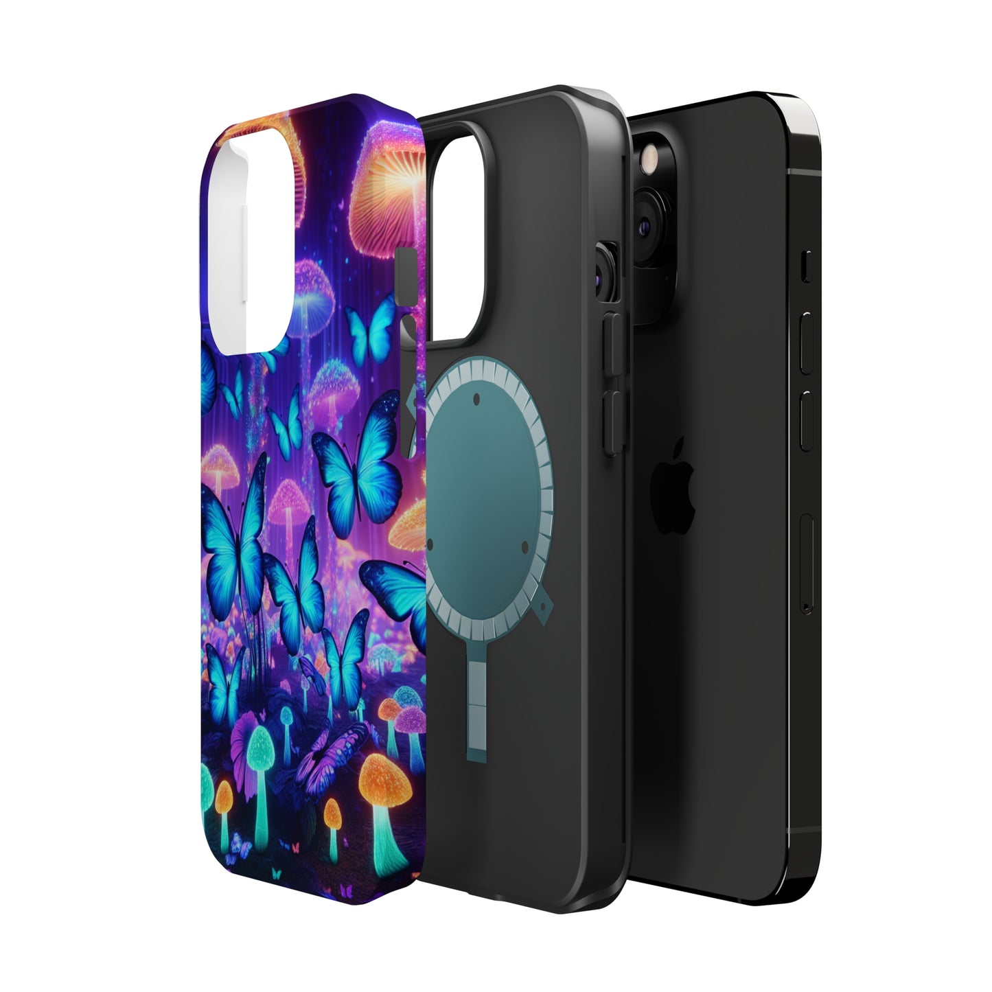 Neon Delight Landscape Neon Butterflies and Mushrooms Premium Art Magsafe Magnet Tough IPhone 13 14 15 Pro Plus Max and Mini in Matte and Glossy Phone cases