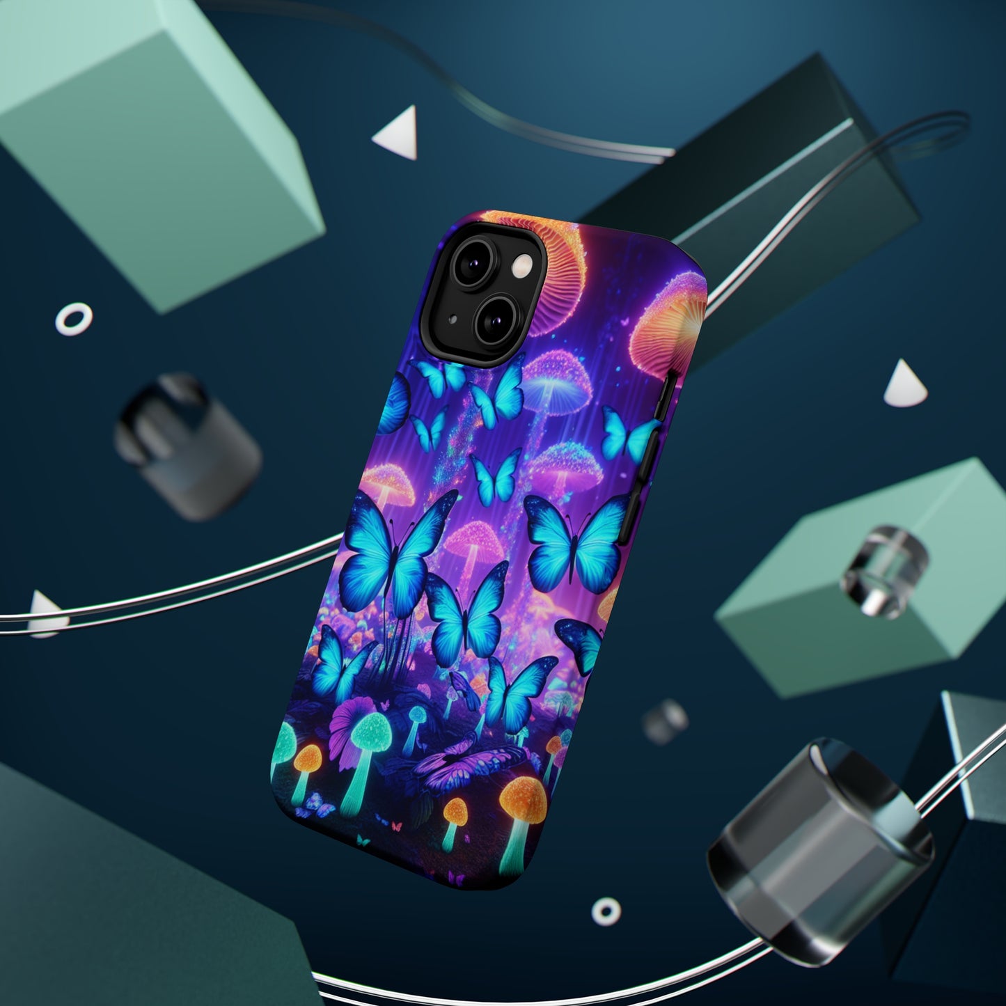 Neon Delight Landscape Neon Butterflies and Mushrooms Premium Art Magsafe Magnet Tough IPhone 13 14 15 Pro Plus Max and Mini in Matte and Glossy Phone cases