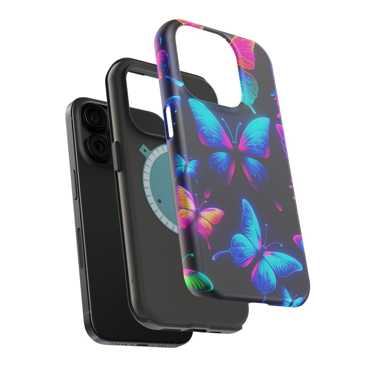 "Neon Flight Frenzy" Neon Butterflies Premium Art Magsafe Magnet Tough IPhone 13 14 15 Pro Plus Max and Mini in Matte and Glossy Phone cases