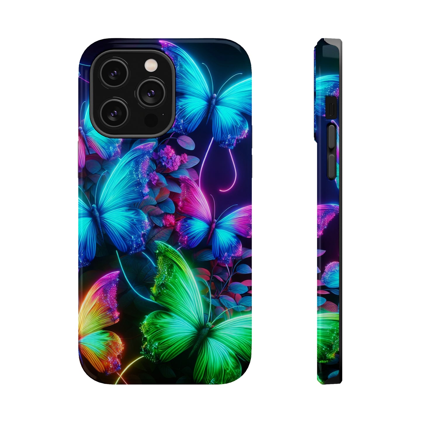 Neon Flutter Symphony Neon Butterflies Premium Art Magsafe Magnet Tough IPhone 13 14 15 Pro Plus Max and Mini in Matte and Glossy Phone cases