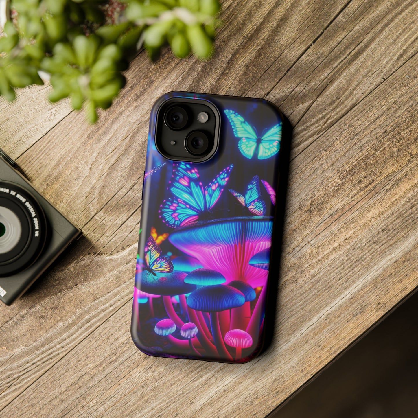 Neon Fantasy Garden Neon Butterflies and Mushrooms Premium Art Magsafe Magnet Tough IPhone 13 14 15 Pro Plus Max and Mini in Matte and Glossy Phone cases