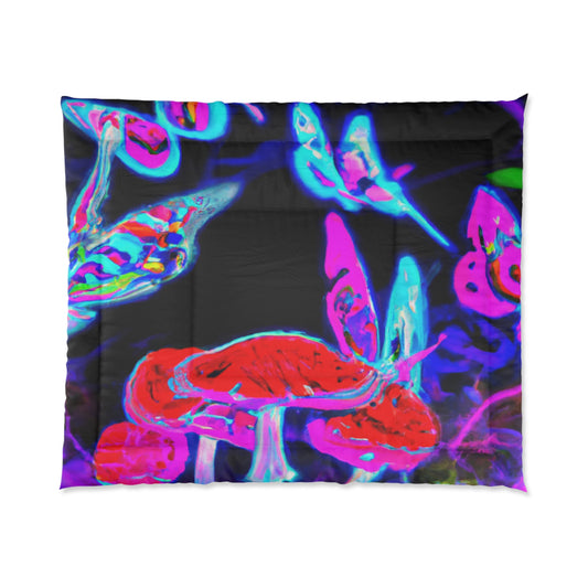 Vivid Neon Dreamscape. Butterflies & Mushrooms Comforter Blanket