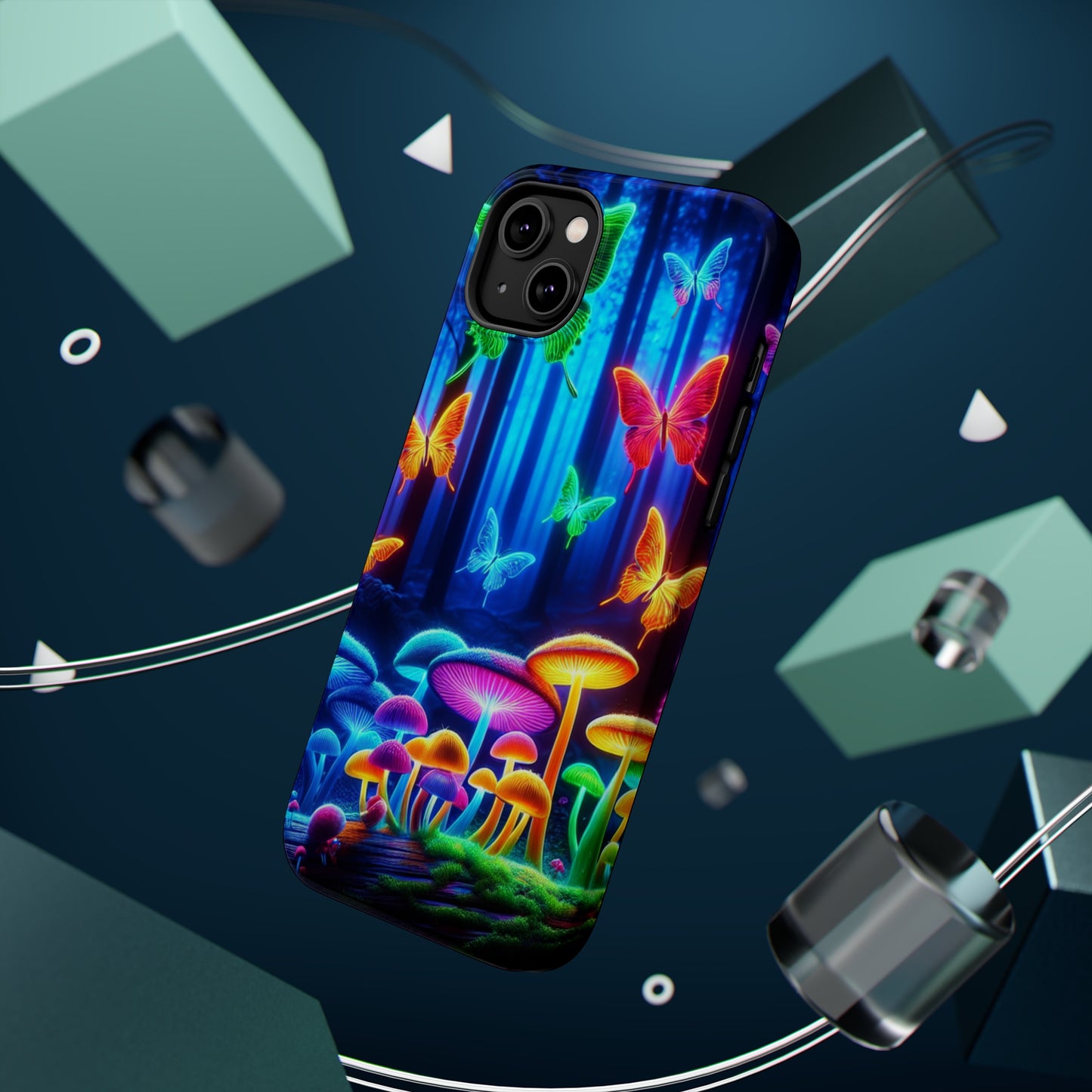 "Neon Garden Delight" Neon Butterflies and Mushrooms Premium Art Magsafe Magnet Tough IPhone 13 14 15 Pro Plus Max and Mini in Matte and Glossy Phone cases