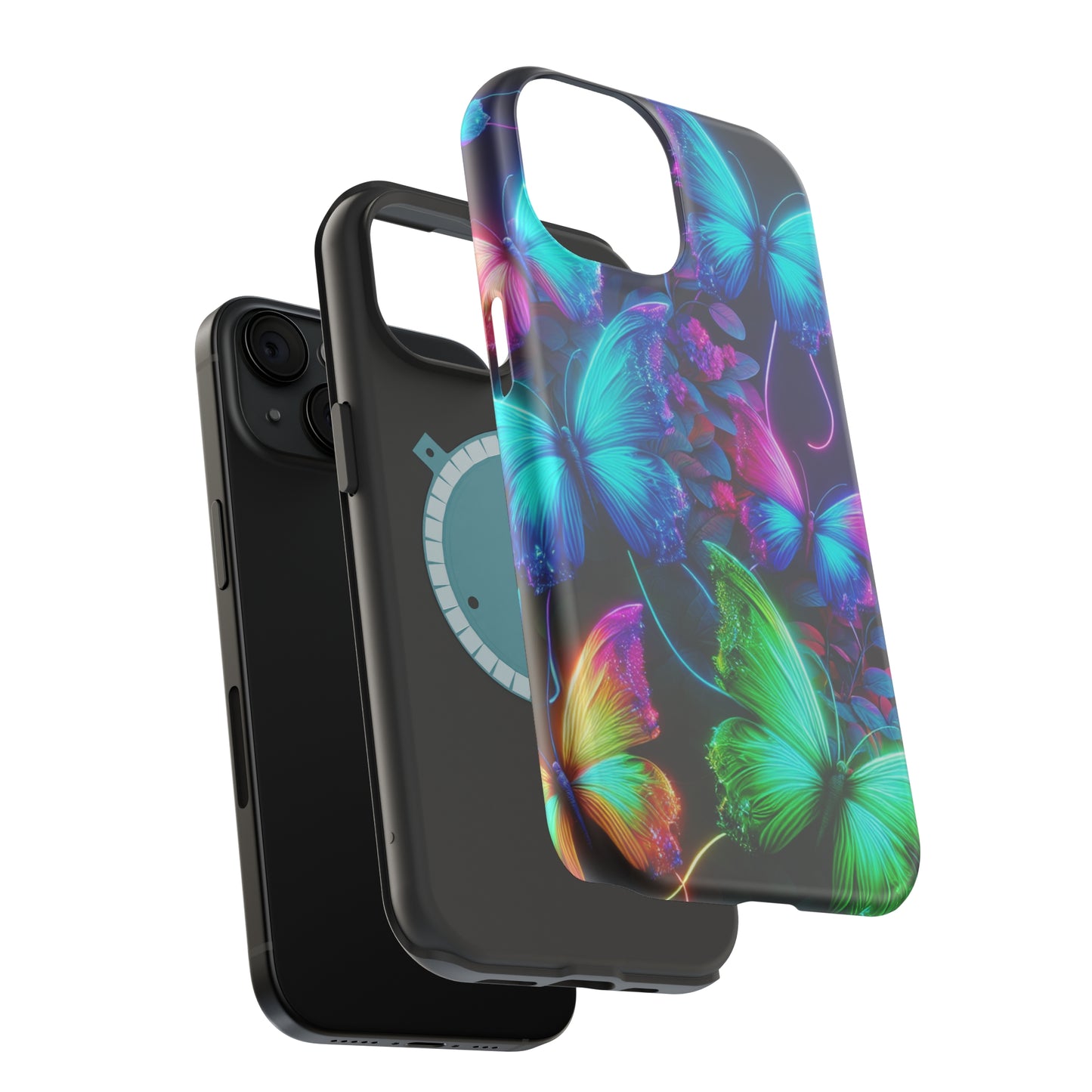 Neon Flutter Symphony Neon Butterflies Premium Art Magsafe Magnet Tough IPhone 13 14 15 Pro Plus Max and Mini in Matte and Glossy Phone cases