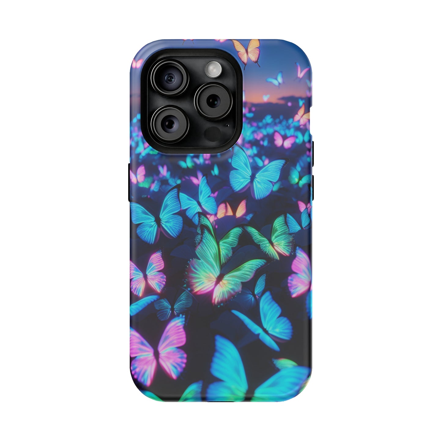 "Fantasia of Neon Butterflies" Neon Butterflies Premium Art Magsafe Magnet Tough IPhone 13 14 15 Pro Plus Max and Mini in Matte and Glossy Phone cases