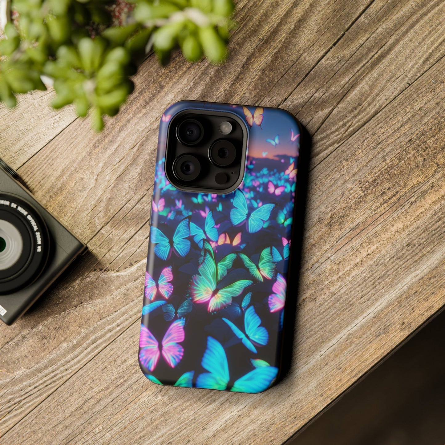 "Fantasia of Neon Butterflies" Neon Butterflies Premium Art Magsafe Magnet Tough IPhone 13 14 15 Pro Plus Max and Mini in Matte and Glossy Phone cases