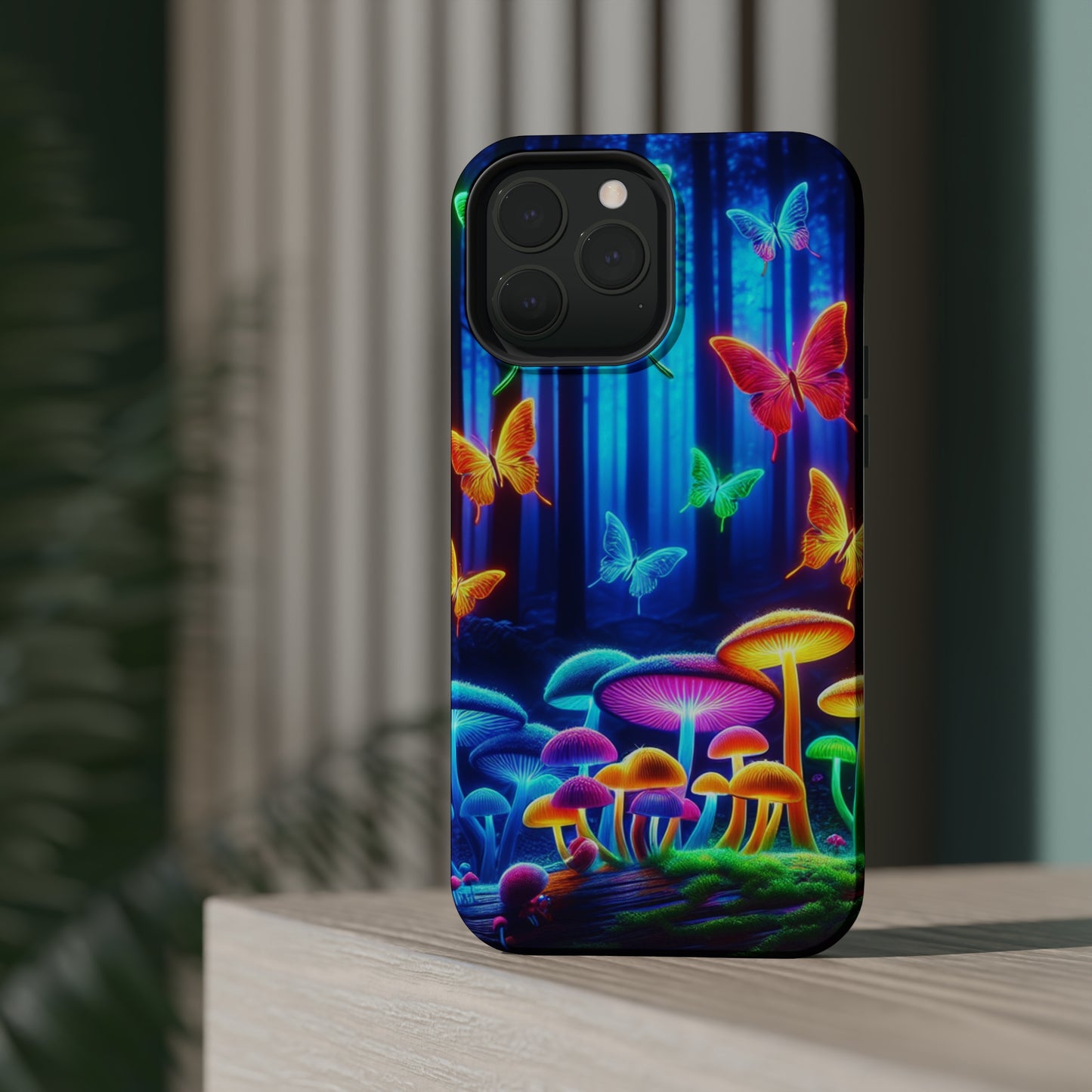 "Neon Garden Delight" Neon Butterflies and Mushrooms Premium Art Magsafe Magnet Tough IPhone 13 14 15 Pro Plus Max and Mini in Matte and Glossy Phone cases