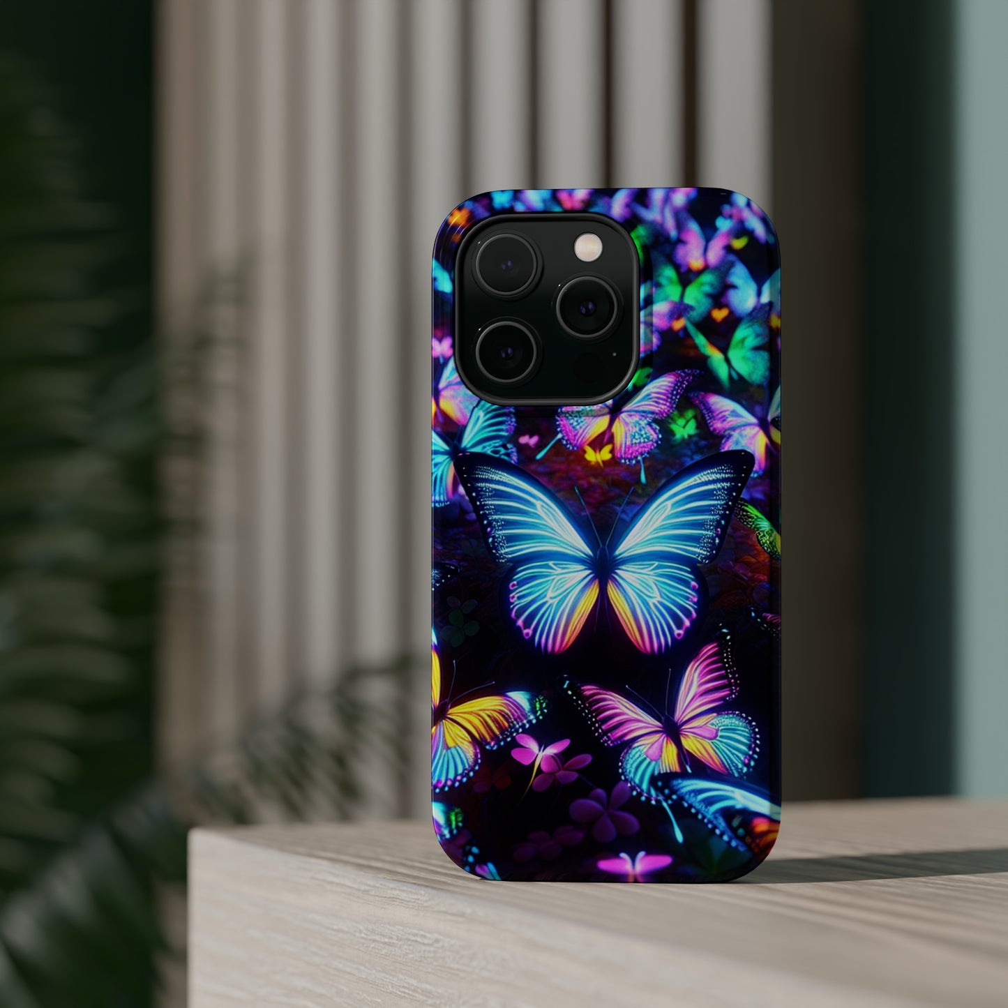 "Neon Butterflies in the Night Sky" Neon Butterflies Premium Art Magsafe Magnet Tough IPhone 13 14 15 Pro Plus Max and Mini in Matte and Glossy Phone cases