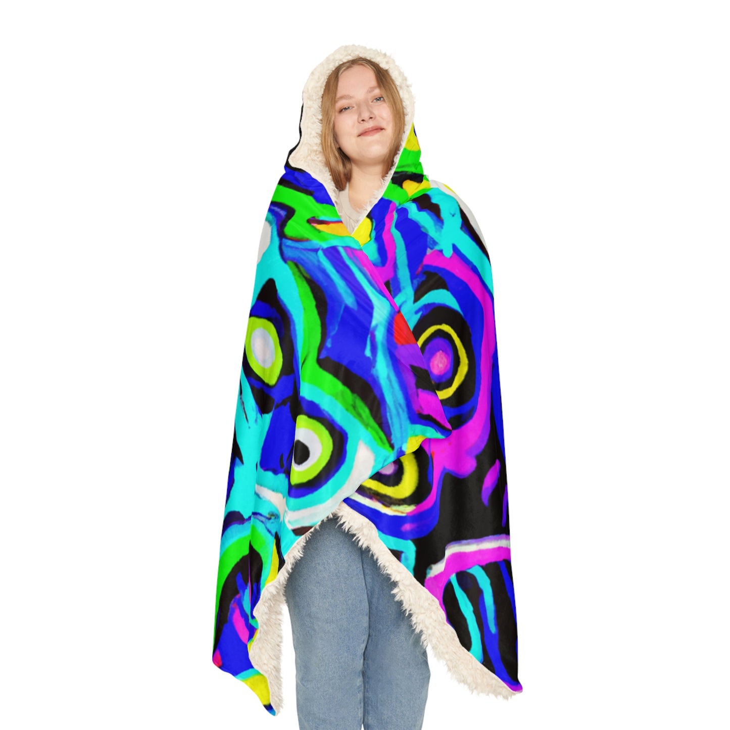 "Owls in Technicolor". - NEON Owls Art Hooded Snuggle Blanket