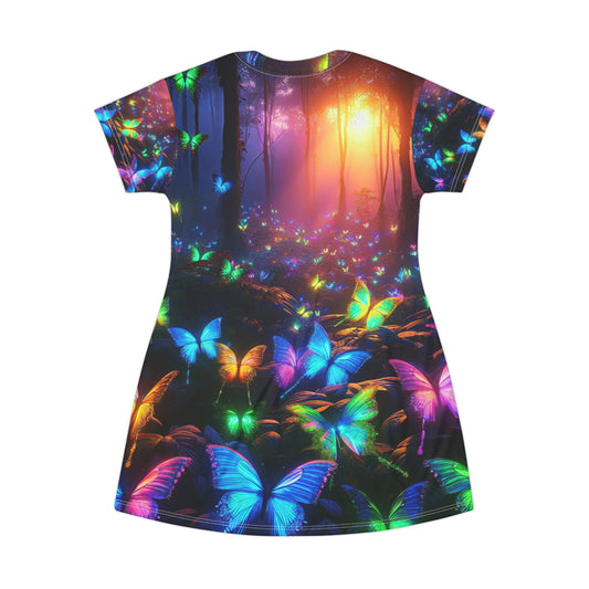 "Neon Clustered Flutter" Neon Butterflies Womans T Shirt Dress