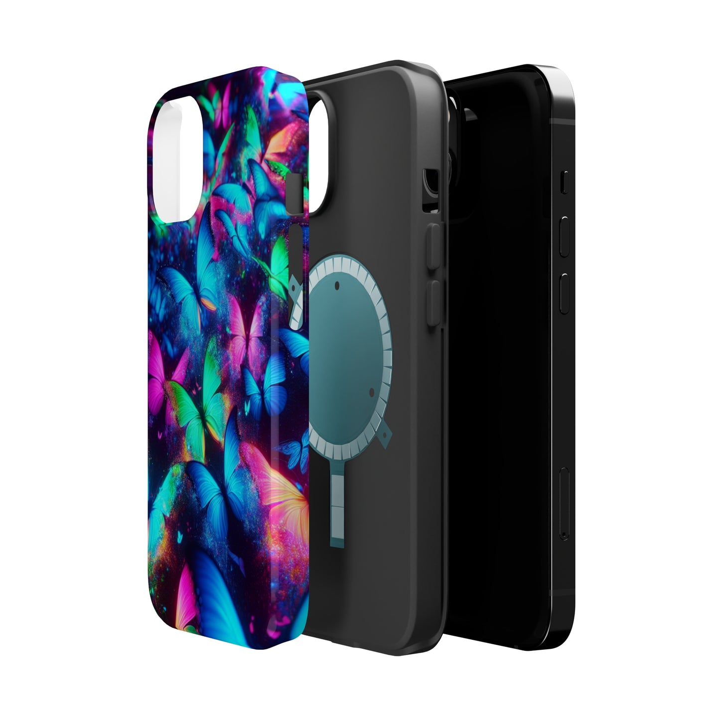 "Neon Flutterglow" Neon Butterflies Premium Art Magsafe Magnet Tough IPhone 13 14 15 Pro Plus Max and Mini in Matte and Glossy Phone cases