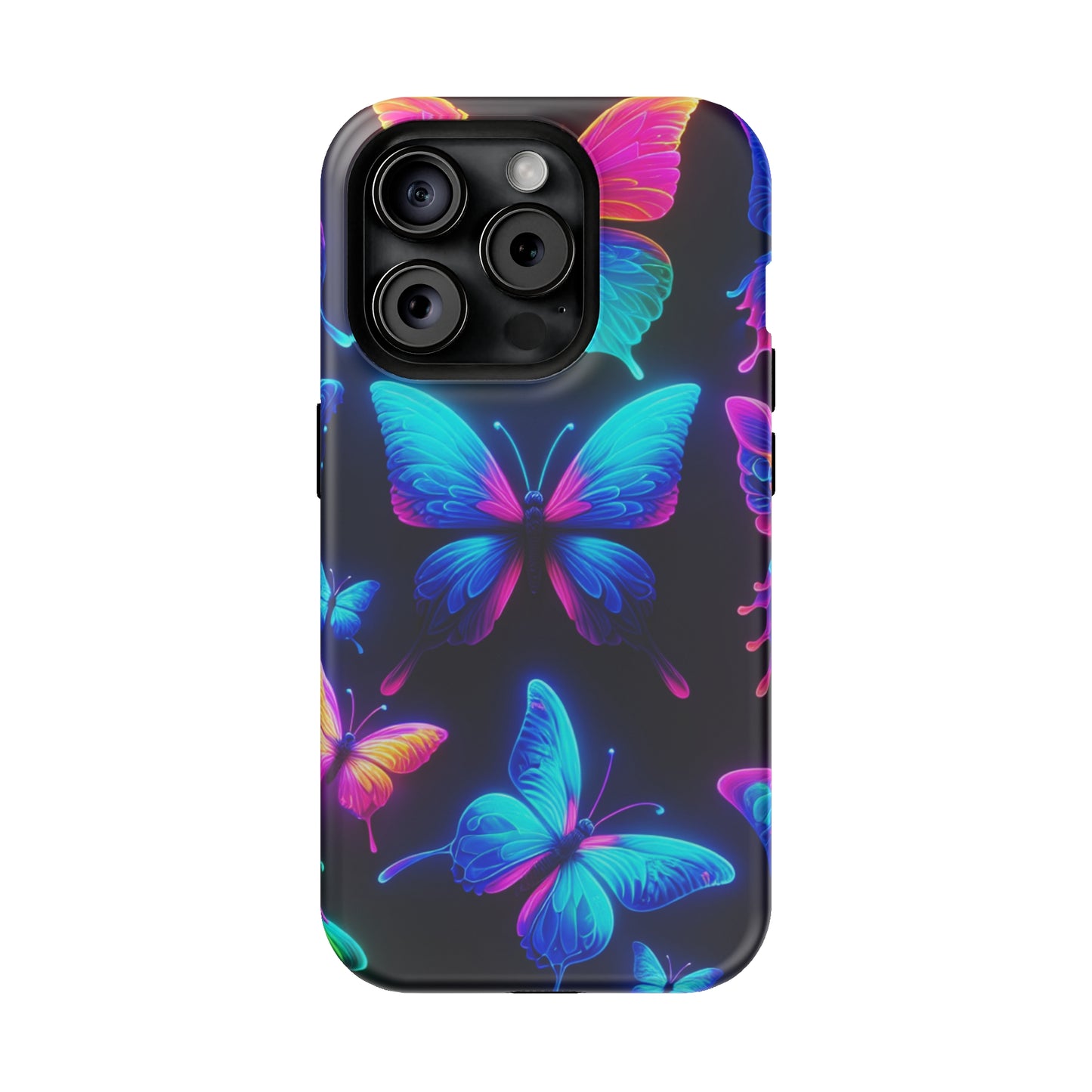 "Neon Flight Frenzy" Neon Butterflies Premium Art Magsafe Magnet Tough IPhone 13 14 15 Pro Plus Max and Mini in Matte and Glossy Phone cases