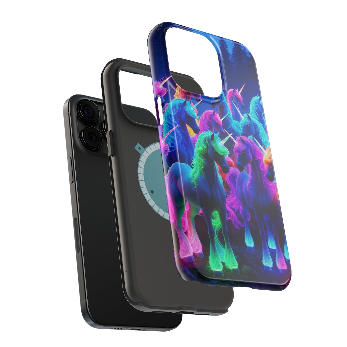 "Neon Fantasyland" Neon Unicorns Premium Art Magsafe Magnet Tough IPhone 13 14 15 Pro Plus Max and Mini in Matte and Glossy Phone cases