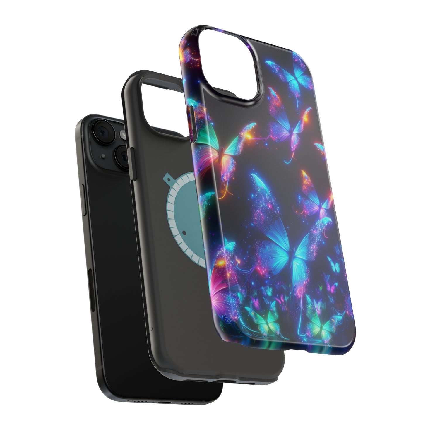 "Electrically Vivid Reverie" Neon Butterflies Premium Art Magsafe Magnet Tough IPhone 13 14 15 Pro Plus Max and Mini in Matte and Glossy Phone cases