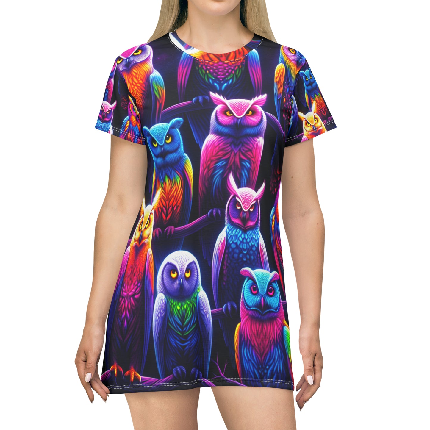 "Owlmaste of the Prismatic Night" Neon Owls Womans T Shirt Dress