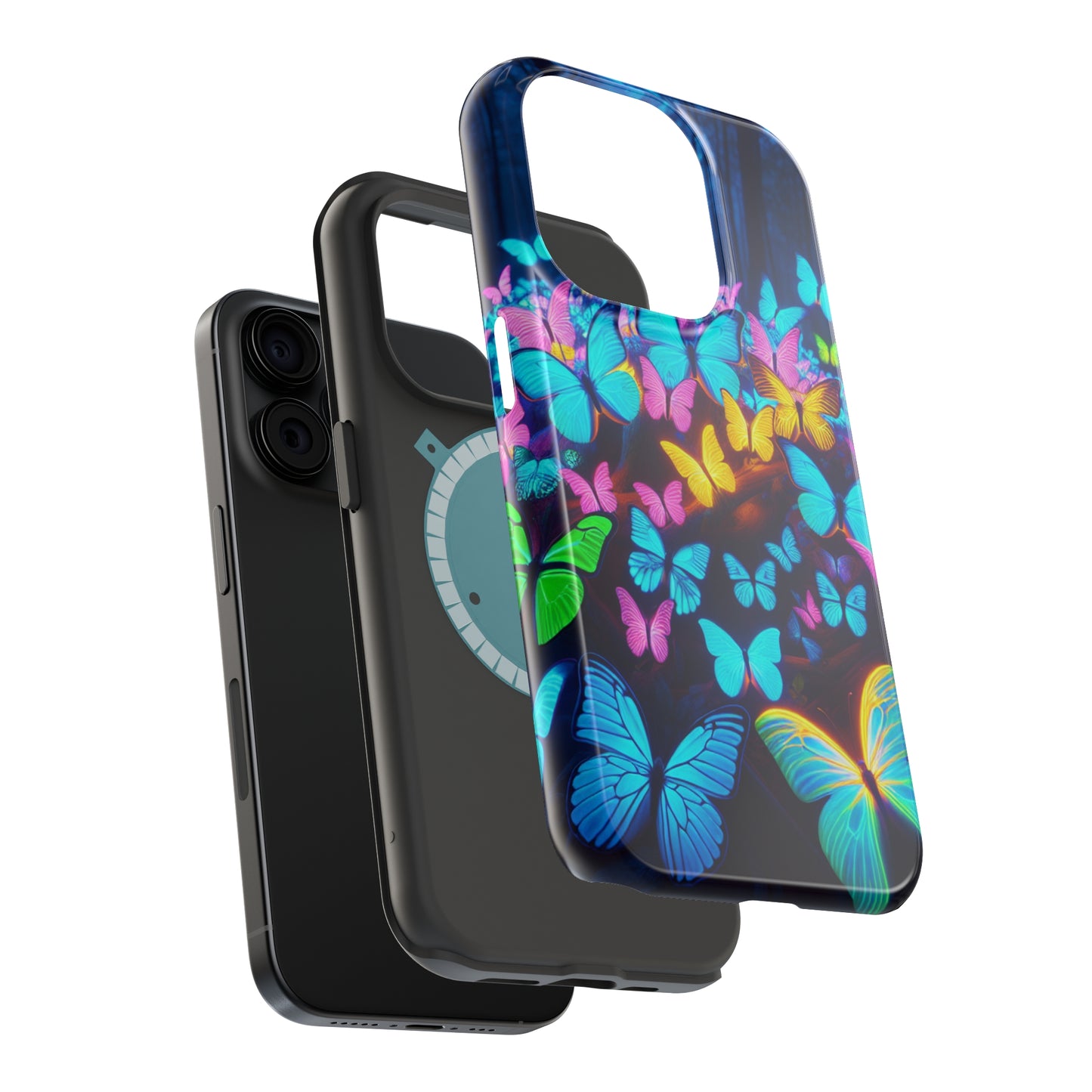 "Scintillating Swirls of Neon Butterflies" Neon Butterflies Premium Art Magsafe Magnet Tough IPhone 13 14 15 Pro Plus Max and Mini in Matte and Glossy Phone cases