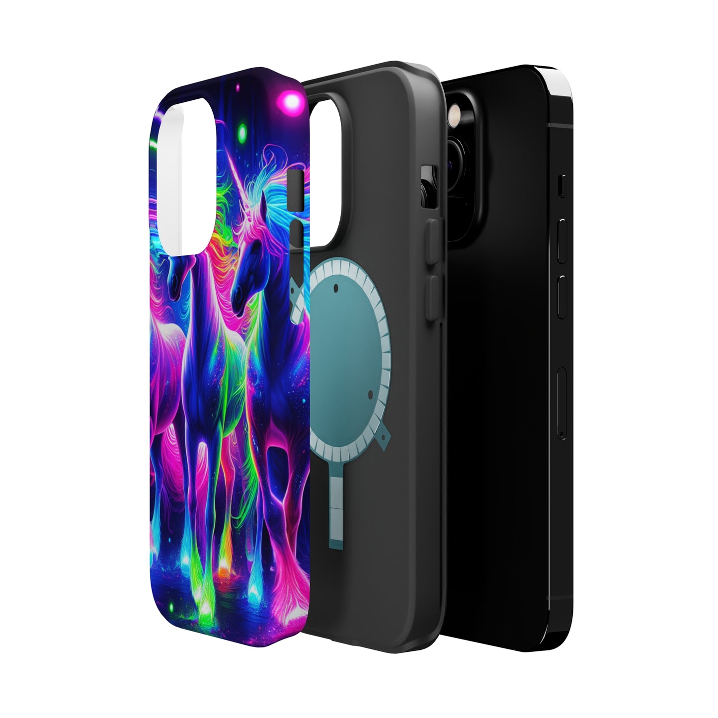"Uni-Neon Fantasy" Neon Unicorns Premium Art Magsafe Magnet Tough IPhone 13 14 15 Pro Plus Max and Mini in Matte and Glossy Phone cases
