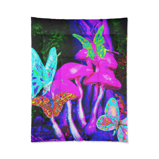 "Neon Glade of Wonders" Butterflies & Mushrooms Comforter Blanket