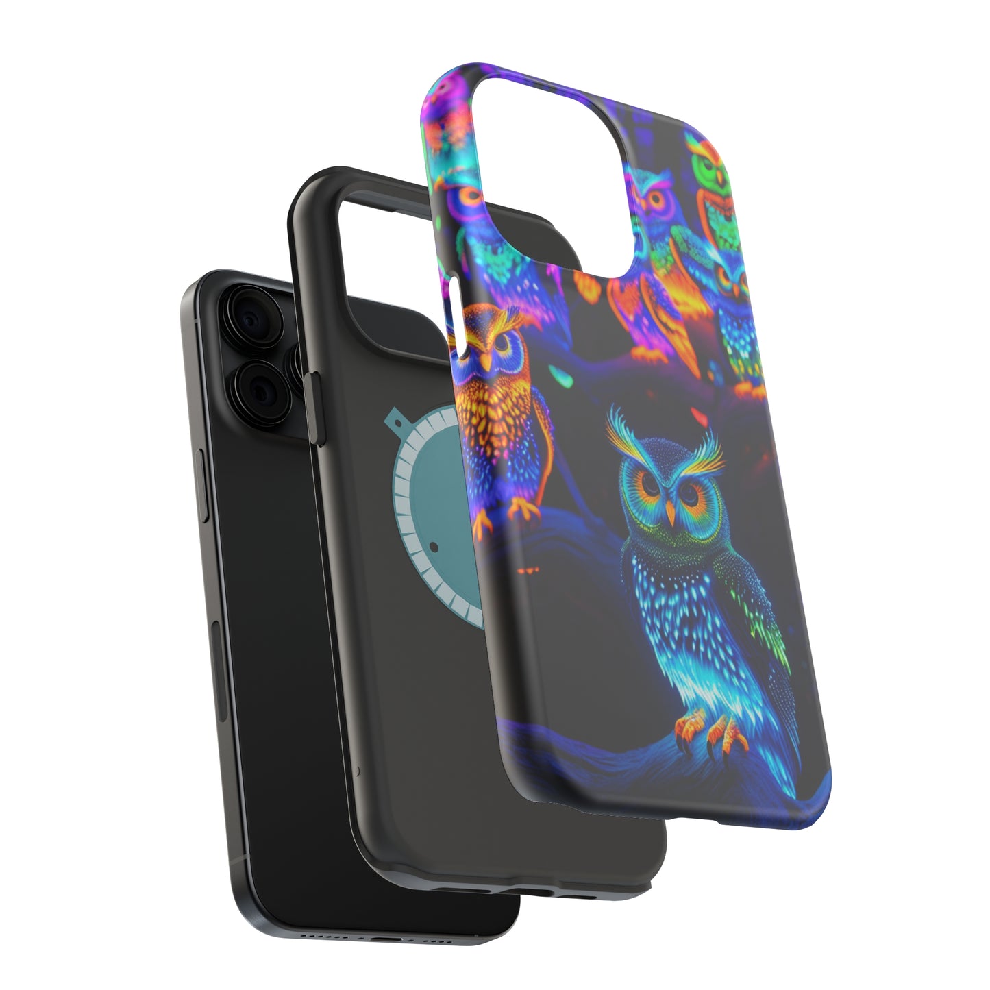 Glowing Neon Clan. Neon Owls Premium Art Magsafe Magnet Tough IPhone 13 14 15 Pro Plus Max and Mini in Matte and Glossy Phone cases