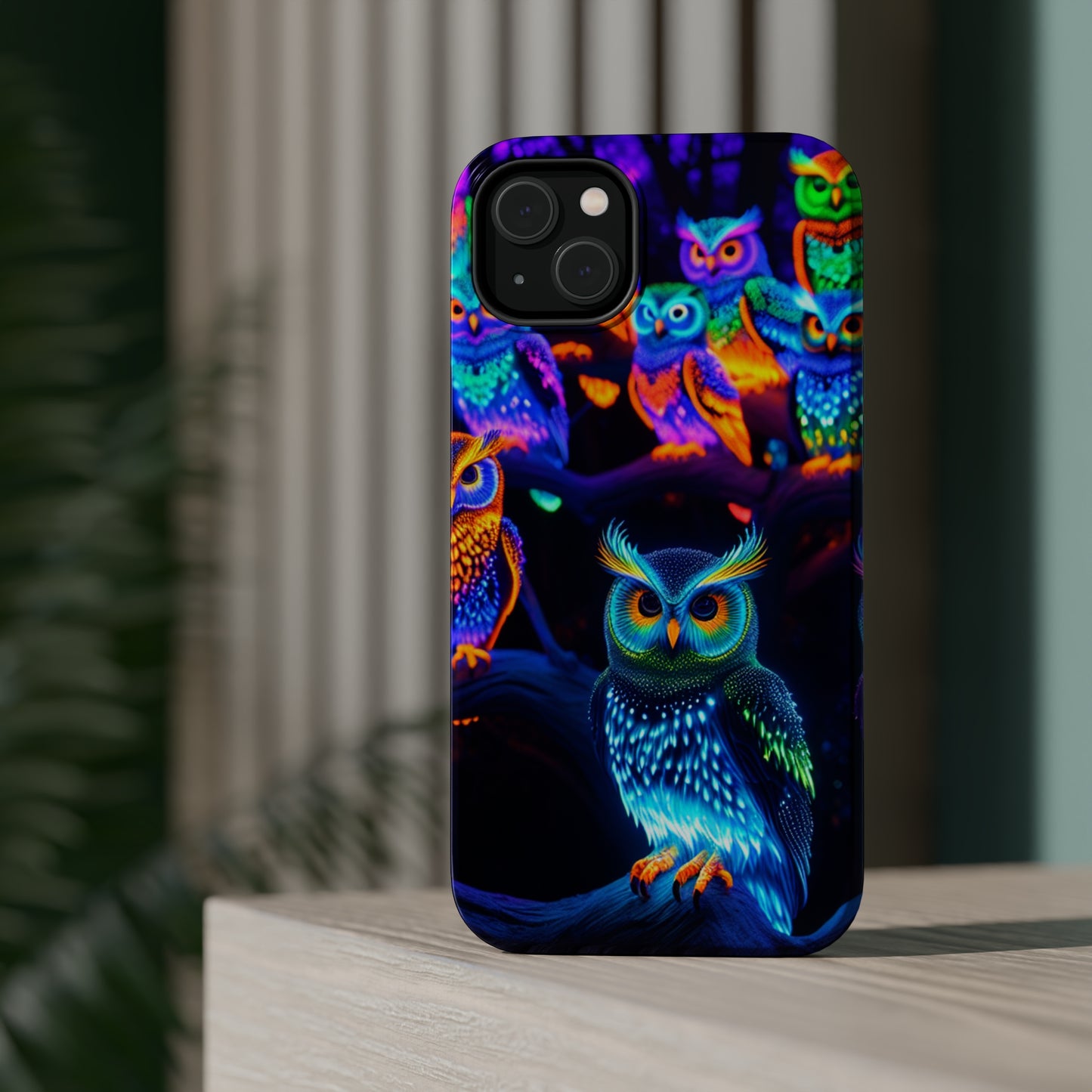 Glowing Neon Clan. Neon Owls Premium Art Magsafe Magnet Tough IPhone 13 14 15 Pro Plus Max and Mini in Matte and Glossy Phone cases