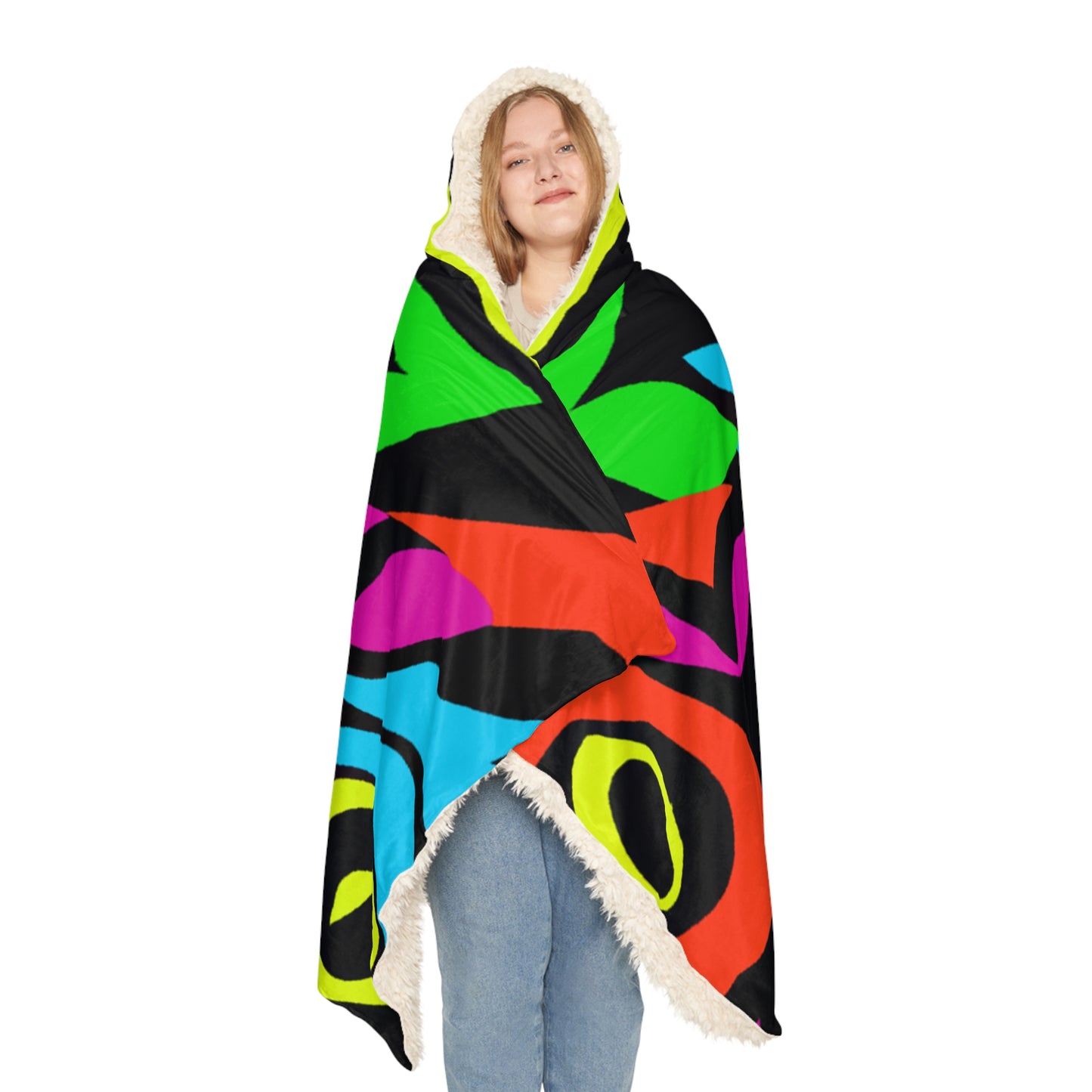 "Midnight Rainbow Illumination" - NEON Owls Art Hooded Snuggle Blanket