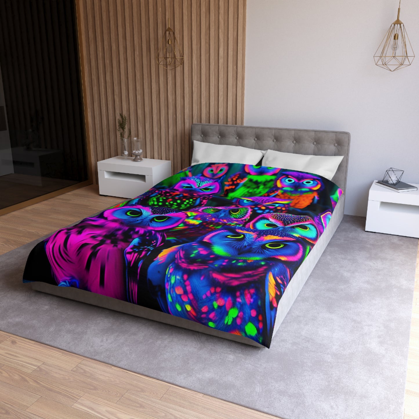 Antonio de Barcelos - NEON Owls Microfiber Duvet Cover