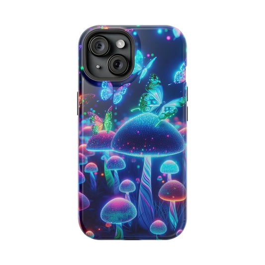 Neon Glitterbug Heaven. Neon Butterflies and Mushrooms Premium Art Magsafe Magnet Tough IPhone 13 14 15 Pro Plus Max and Mini in Matte and Glossy Phone cases