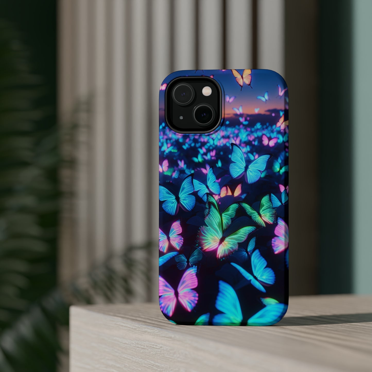 "Fantasia of Neon Butterflies" Neon Butterflies Premium Art Magsafe Magnet Tough IPhone 13 14 15 Pro Plus Max and Mini in Matte and Glossy Phone cases