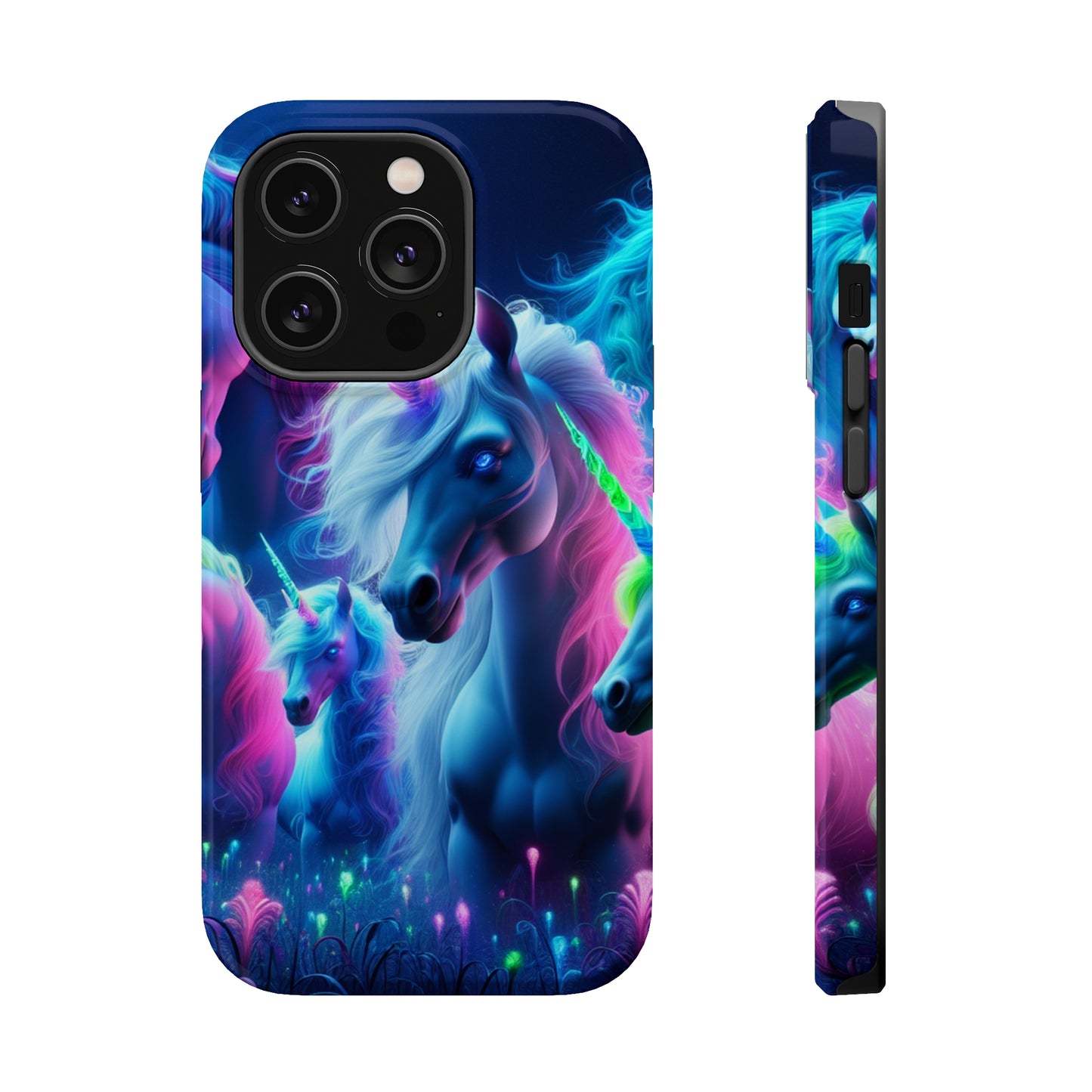 "Unicorn Flux-scape" Neon Unicorns Premium Art Magsafe Magnet Tough IPhone 13 14 15 Pro Plus Max and Mini in Matte and Glossy Phone cases