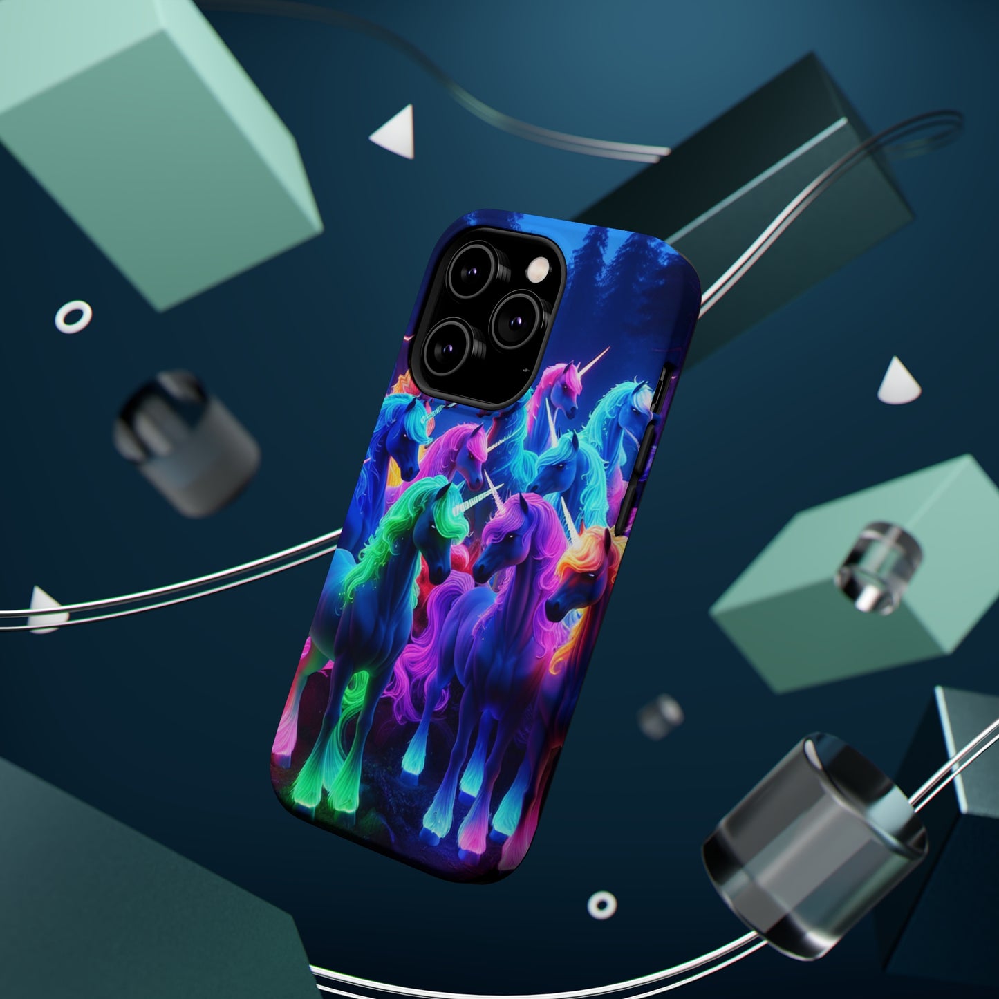 "Neon Fantasyland" Neon Unicorns Premium Art Magsafe Magnet Tough IPhone 13 14 15 Pro Plus Max and Mini in Matte and Glossy Phone cases