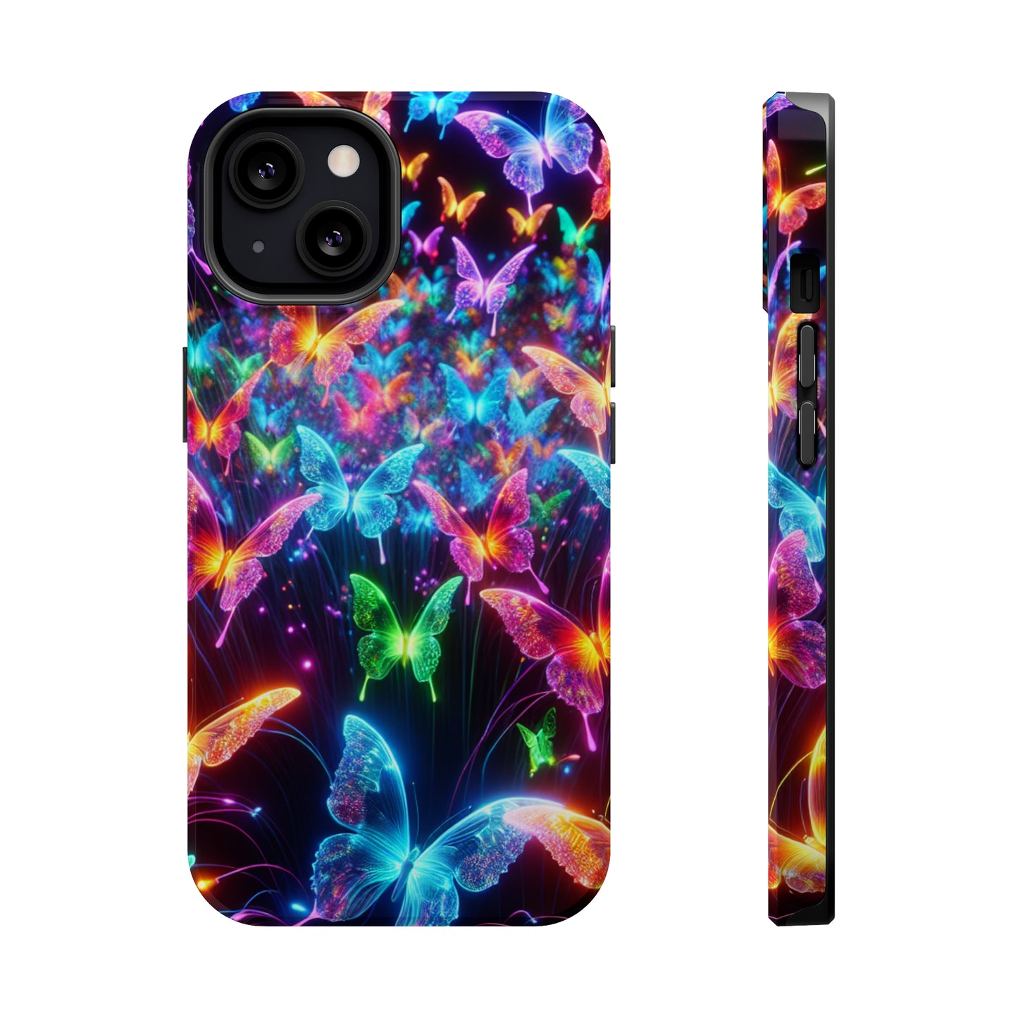 "Neon Flutterburst" Neon Butterflies Premium Art Magsafe Magnet Tough IPhone 13 14 15 Pro Plus Max and Mini in Matte and Glossy Phone cases