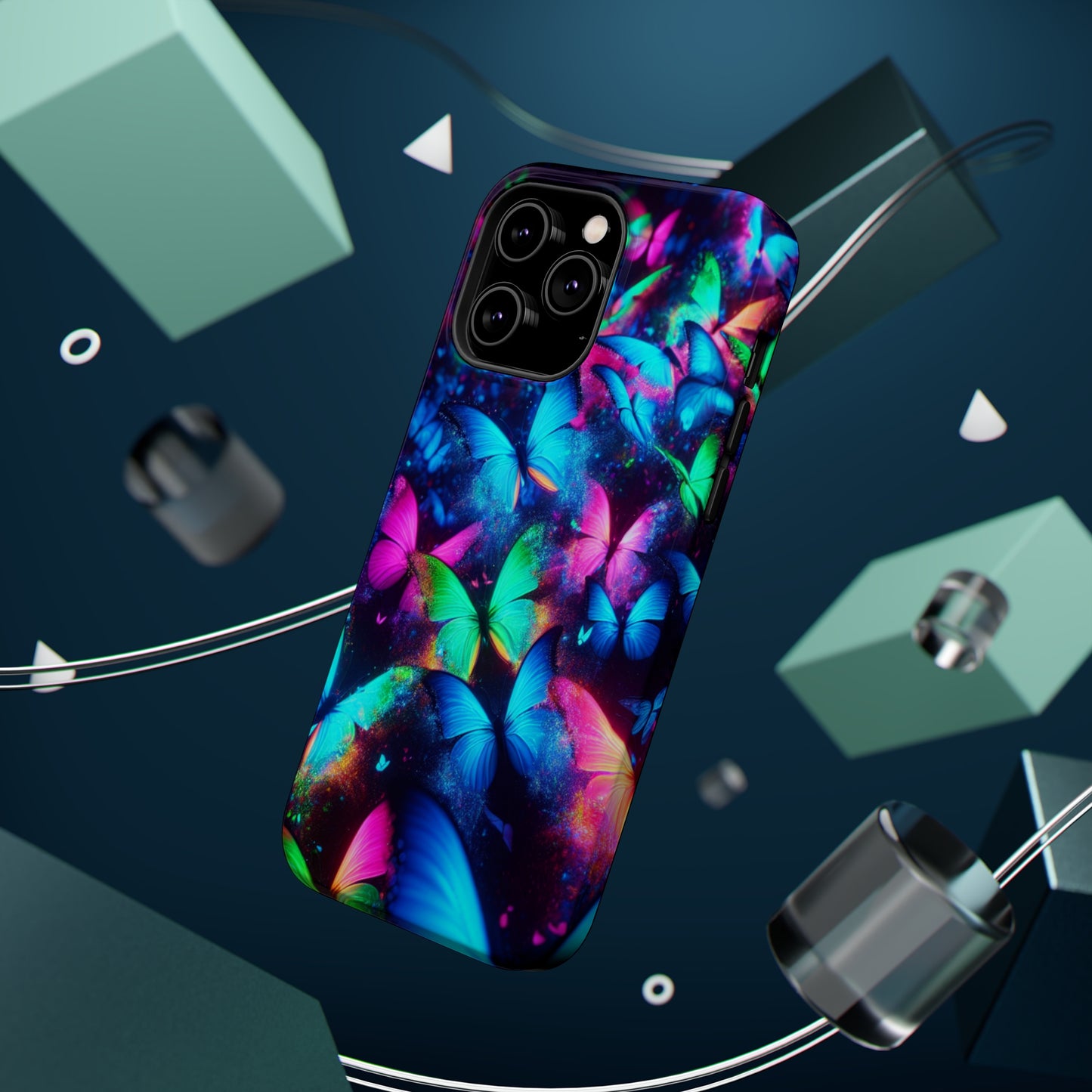"Neon Flutterglow" Neon Butterflies Premium Art Magsafe Magnet Tough IPhone 13 14 15 Pro Plus Max and Mini in Matte and Glossy Phone cases
