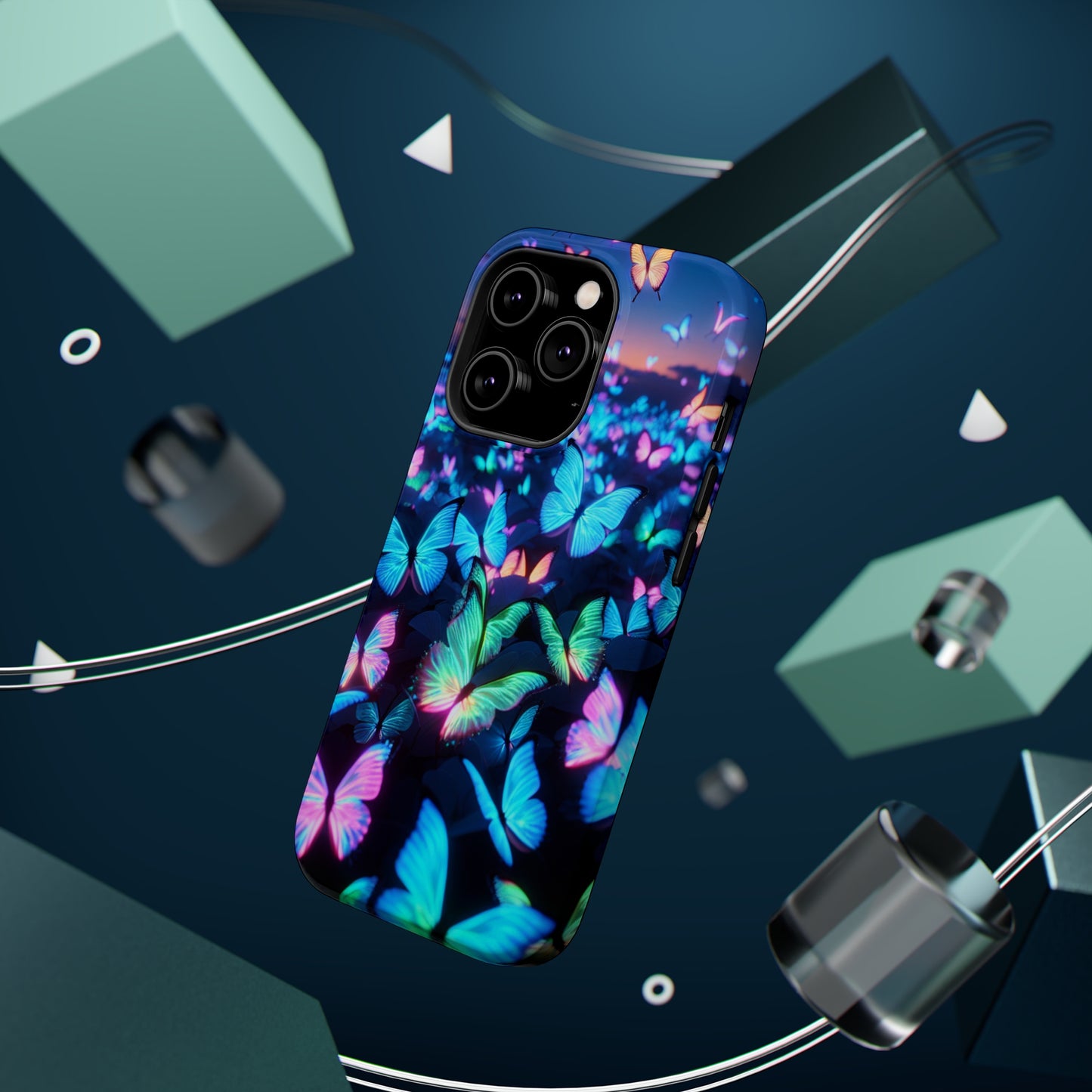 "Fantasia of Neon Butterflies" Neon Butterflies Premium Art Magsafe Magnet Tough IPhone 13 14 15 Pro Plus Max and Mini in Matte and Glossy Phone cases