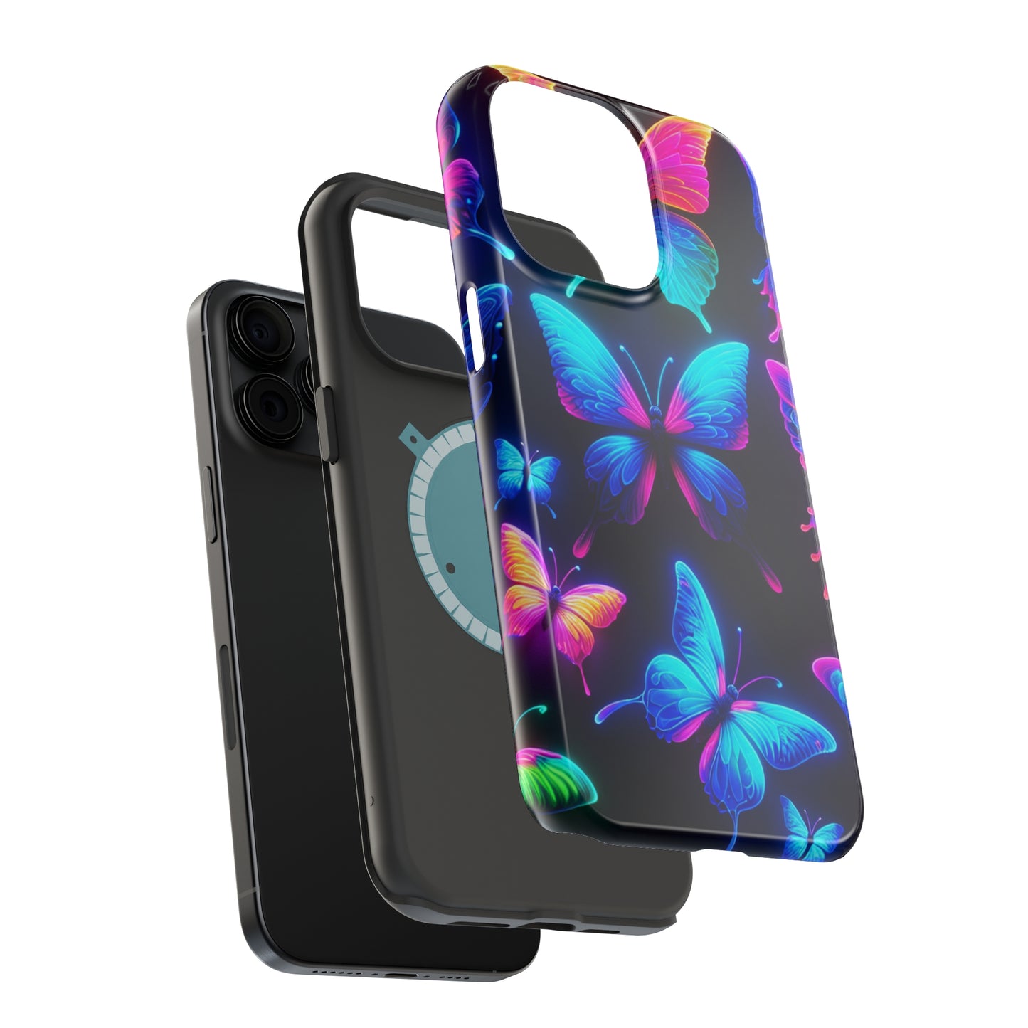 "Neon Flight Frenzy" Neon Butterflies Premium Art Magsafe Magnet Tough IPhone 13 14 15 Pro Plus Max and Mini in Matte and Glossy Phone cases
