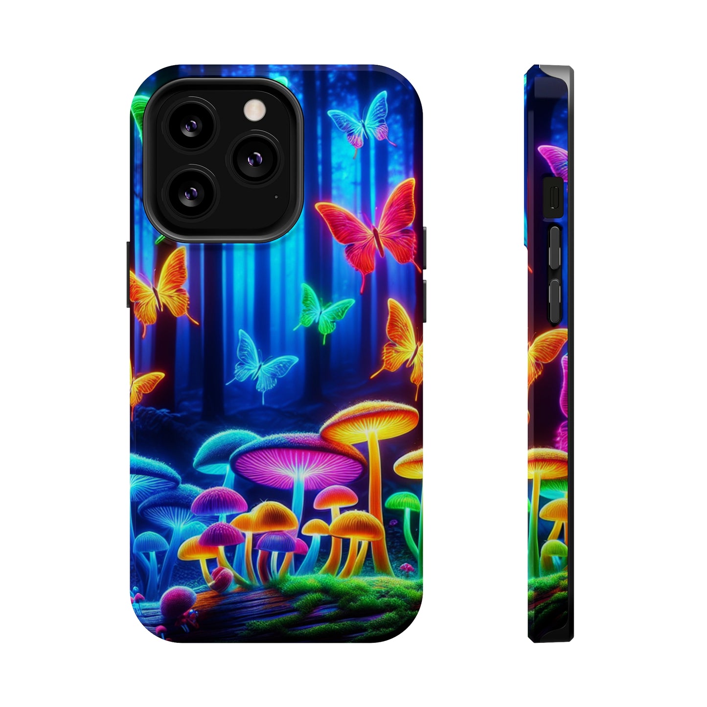 "Neon Garden Delight" Neon Butterflies and Mushrooms Premium Art Magsafe Magnet Tough IPhone 13 14 15 Pro Plus Max and Mini in Matte and Glossy Phone cases