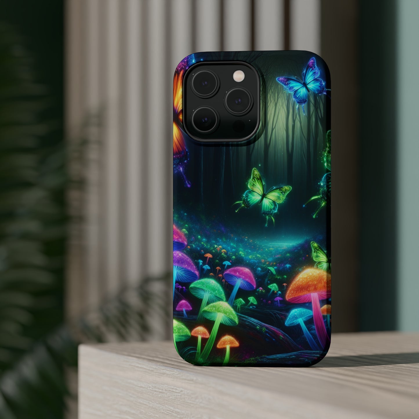Neon Nocturne. Neon Butterflies and Mushrooms Premium Art Magsafe Magnet Tough IPhone 13 14 15 Pro Plus Max and Mini in Matte and Glossy Phone cases