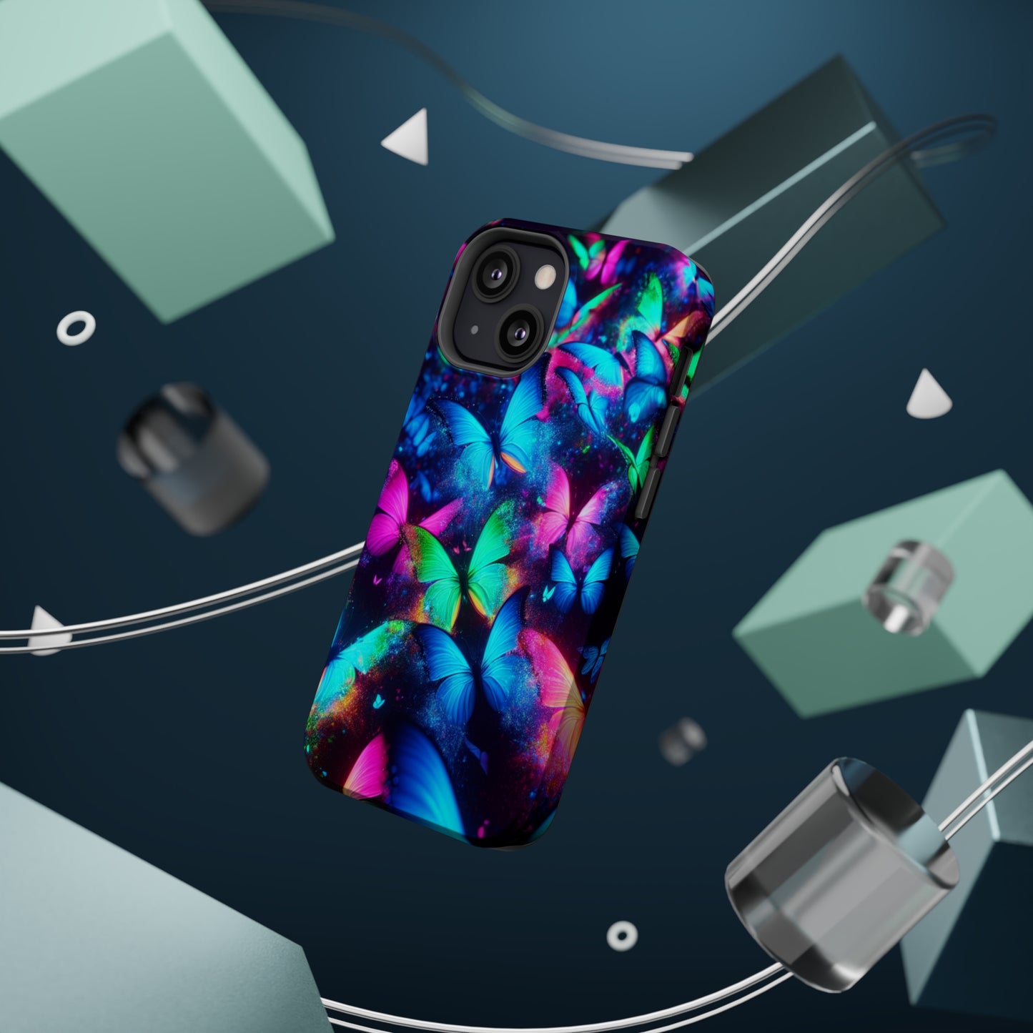 "Neon Flutterglow" Neon Butterflies Premium Art Magsafe Magnet Tough IPhone 13 14 15 Pro Plus Max and Mini in Matte and Glossy Phone cases