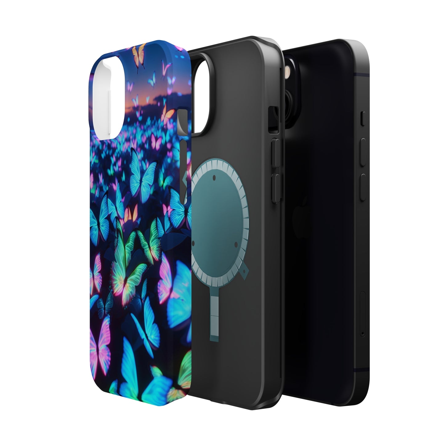 "Fantasia of Neon Butterflies" Neon Butterflies Premium Art Magsafe Magnet Tough IPhone 13 14 15 Pro Plus Max and Mini in Matte and Glossy Phone cases