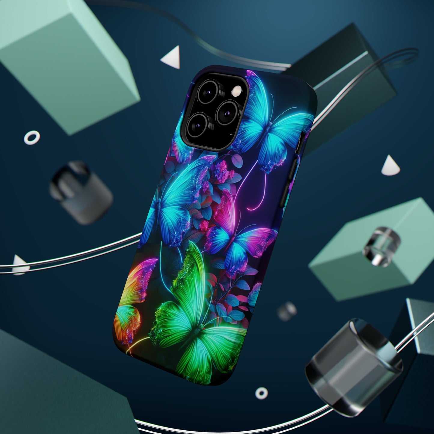 Neon Flutter Symphony Neon Butterflies Premium Art Magsafe Magnet Tough IPhone 13 14 15 Pro Plus Max and Mini in Matte and Glossy Phone cases