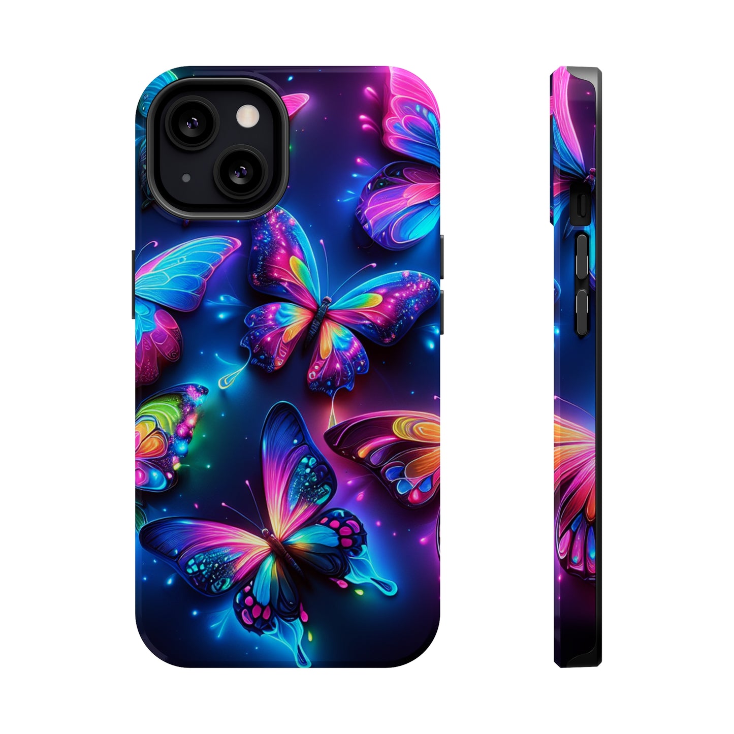 "Neon Butterfly Muster" Neon Butterflies Premium Art Magsafe Magnet Tough IPhone 13 14 15 Pro Plus Max and Mini in Matte and Glossy Phone cases