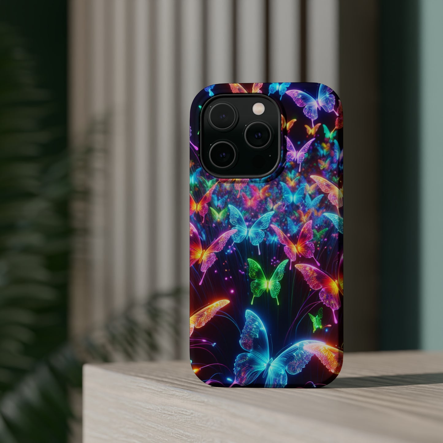 "Neon Flutterburst" Neon Butterflies Premium Art Magsafe Magnet Tough IPhone 13 14 15 Pro Plus Max and Mini in Matte and Glossy Phone cases