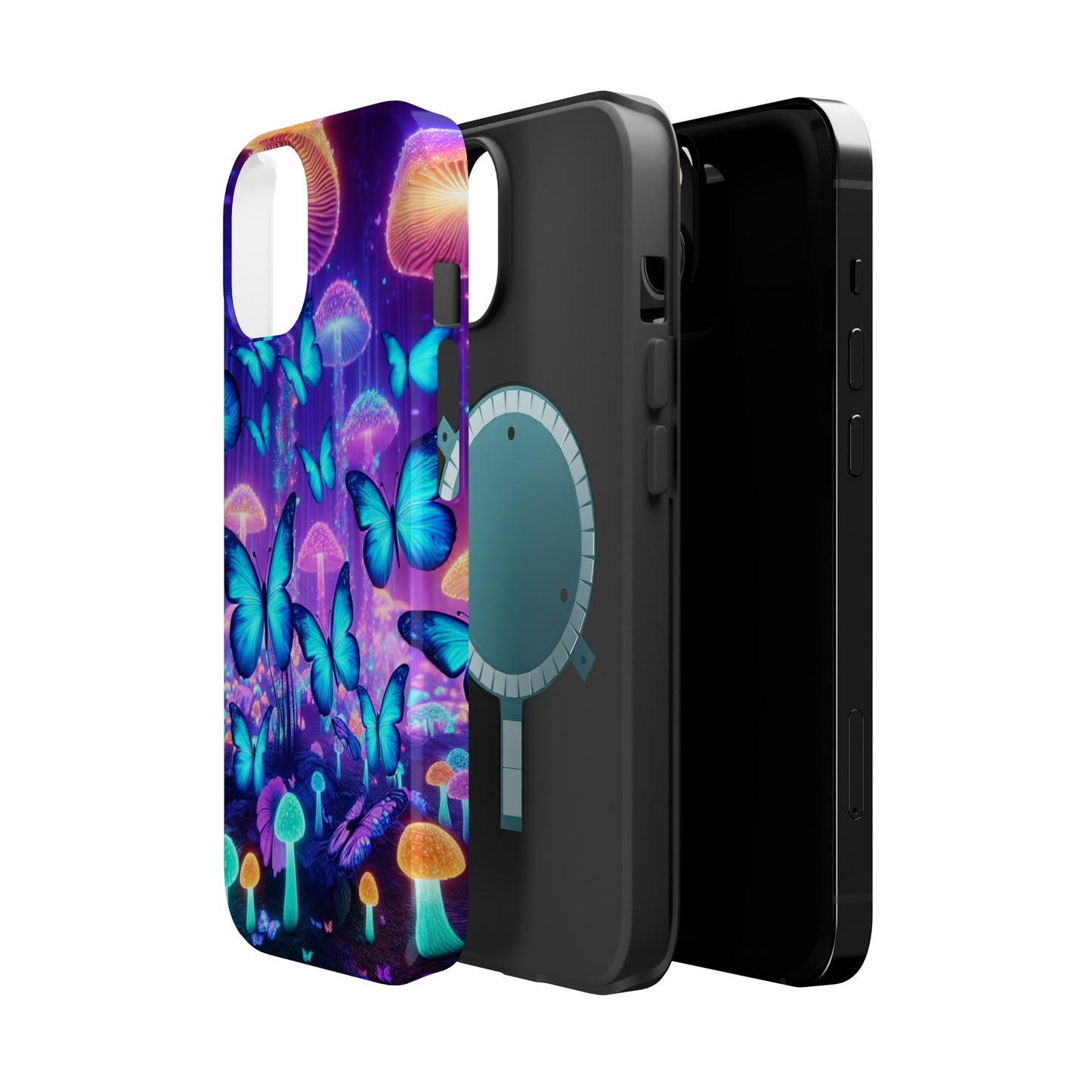 Neon Delight Landscape Neon Butterflies and Mushrooms Premium Art Magsafe Magnet Tough IPhone 13 14 15 Pro Plus Max and Mini in Matte and Glossy Phone cases