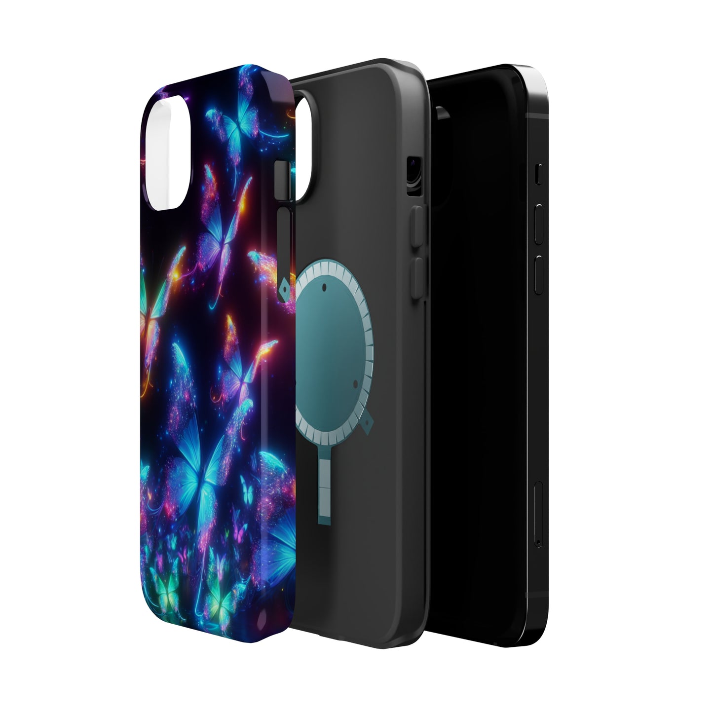 "Electrically Vivid Reverie" Neon Butterflies Premium Art Magsafe Magnet Tough IPhone 13 14 15 Pro Plus Max and Mini in Matte and Glossy Phone cases