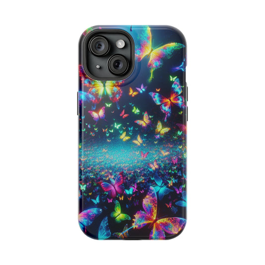 'Neon Butterfly Bliss' Neon Butterflies Premium Art Magsafe Magnet Tough IPhone 13 14 15 Pro Plus Max and Mini in Matte and Glossy Phone cases