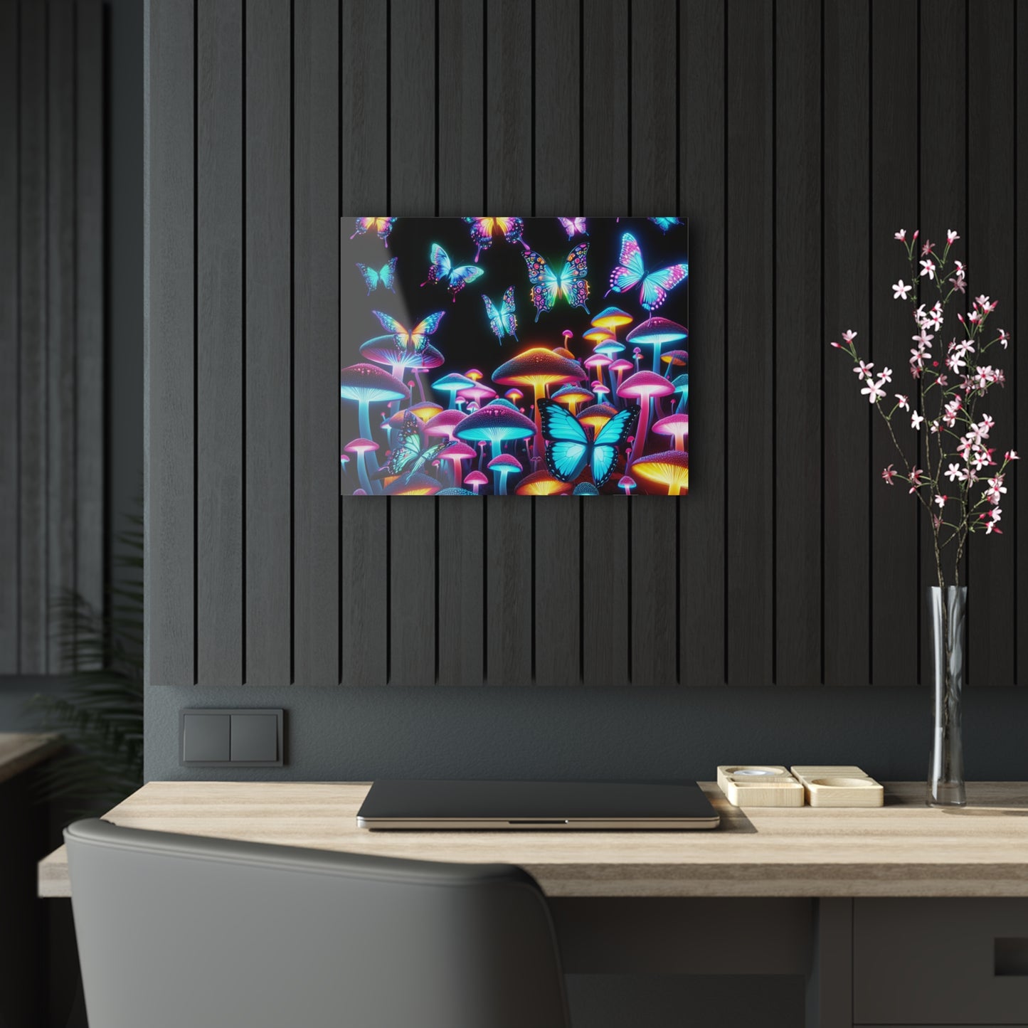 "Neon Splendor". Butterflies & Mushrooms 1/4" Glossy Acrylic Art