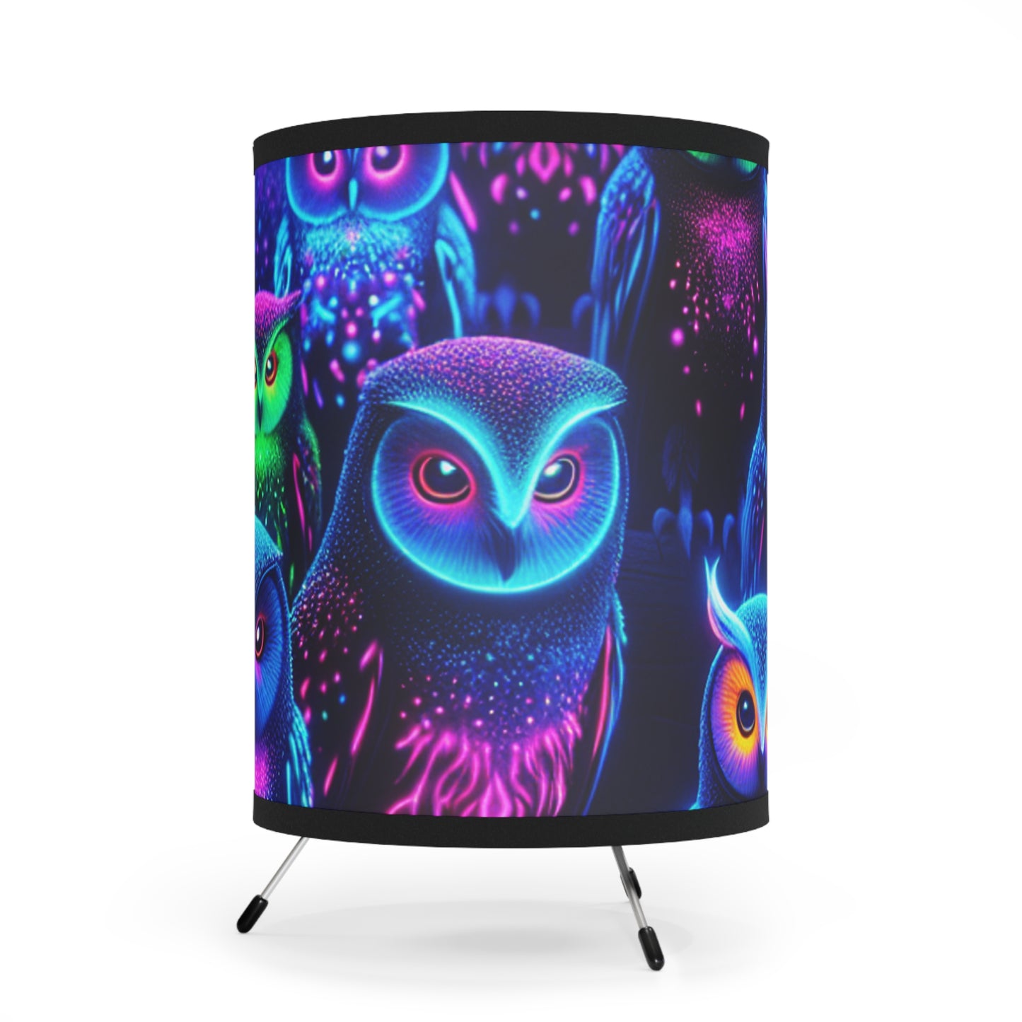 Neon Nocturnal Familiarity - NEON Owls Art Tripod Lamp