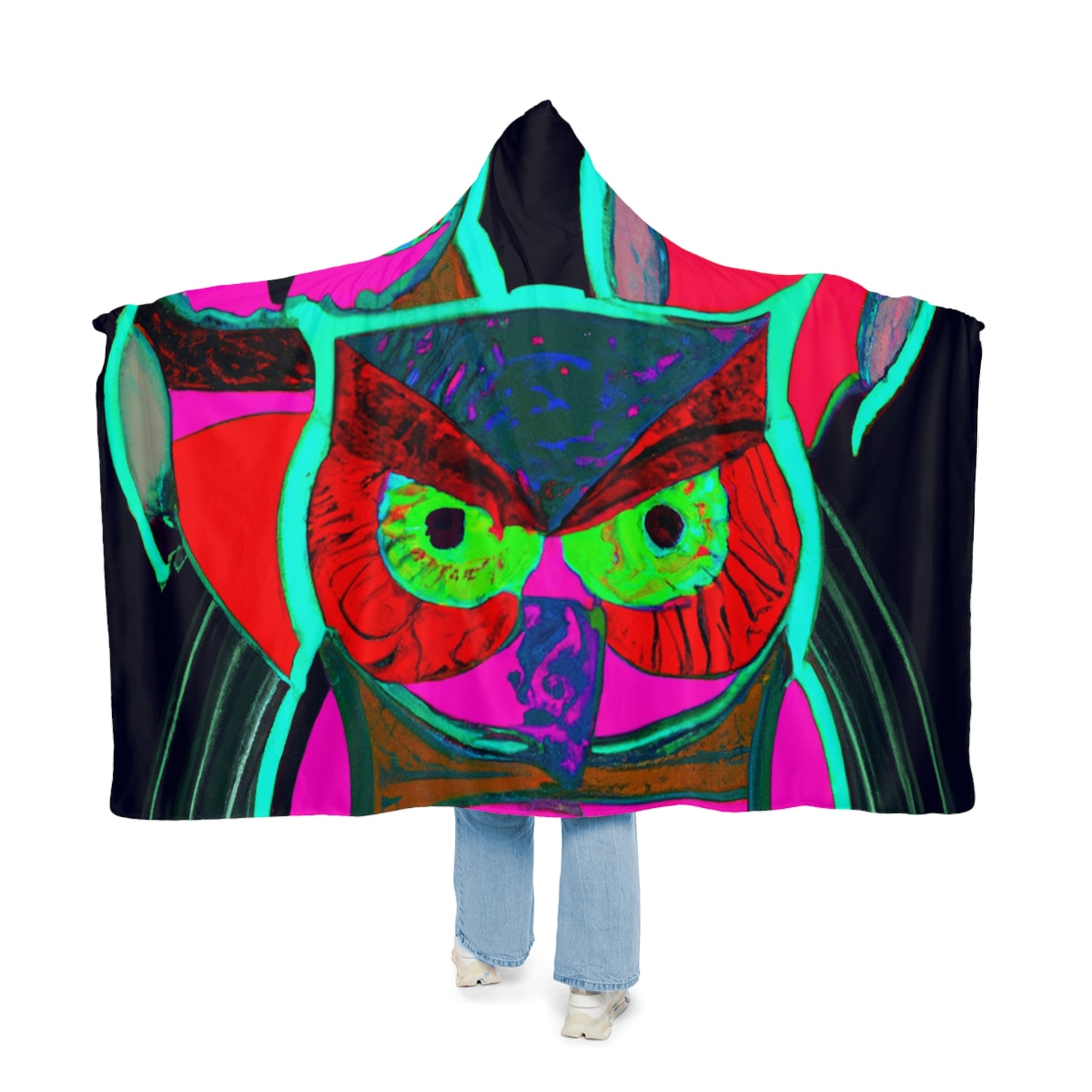 "Vibrant Neon Owls" - NEON Owls Art Hooded Snuggle Blanket